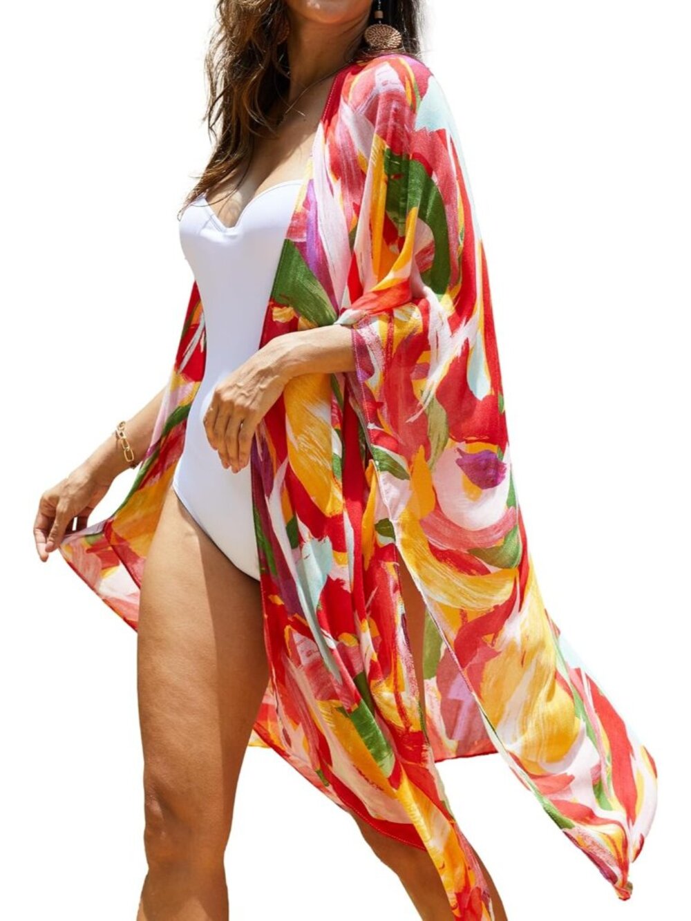 Women B Colorful Red Viscose Summer Bikini Kimono Bathing And Swimwear Cover Ups